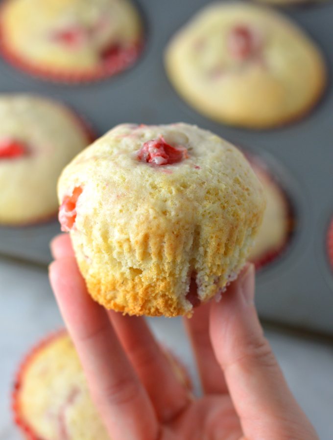 Healthy Strawberry Muffins made with olive oil. This is a great recipe to make as a nut free snack to bring to work, or a quick and easy grab and go breakfast idea.