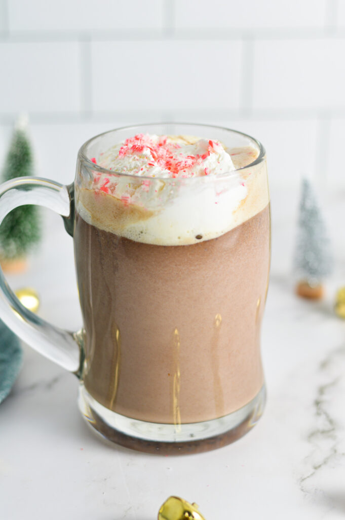 Peppermint Hot Chocolate in a large clear mug.