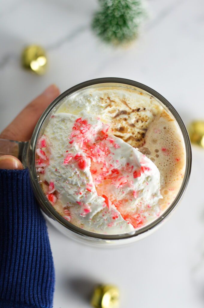 Overhead shot of Peppermint Hot Chocolate topped with whipped cream and crushed candy canes.