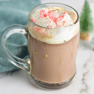 Peppermint Hot Chocolate in a glass stein mug.