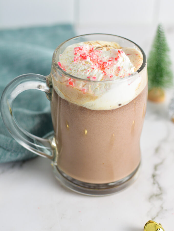 Peppermint Hot Chocolate in a glass stein mug.