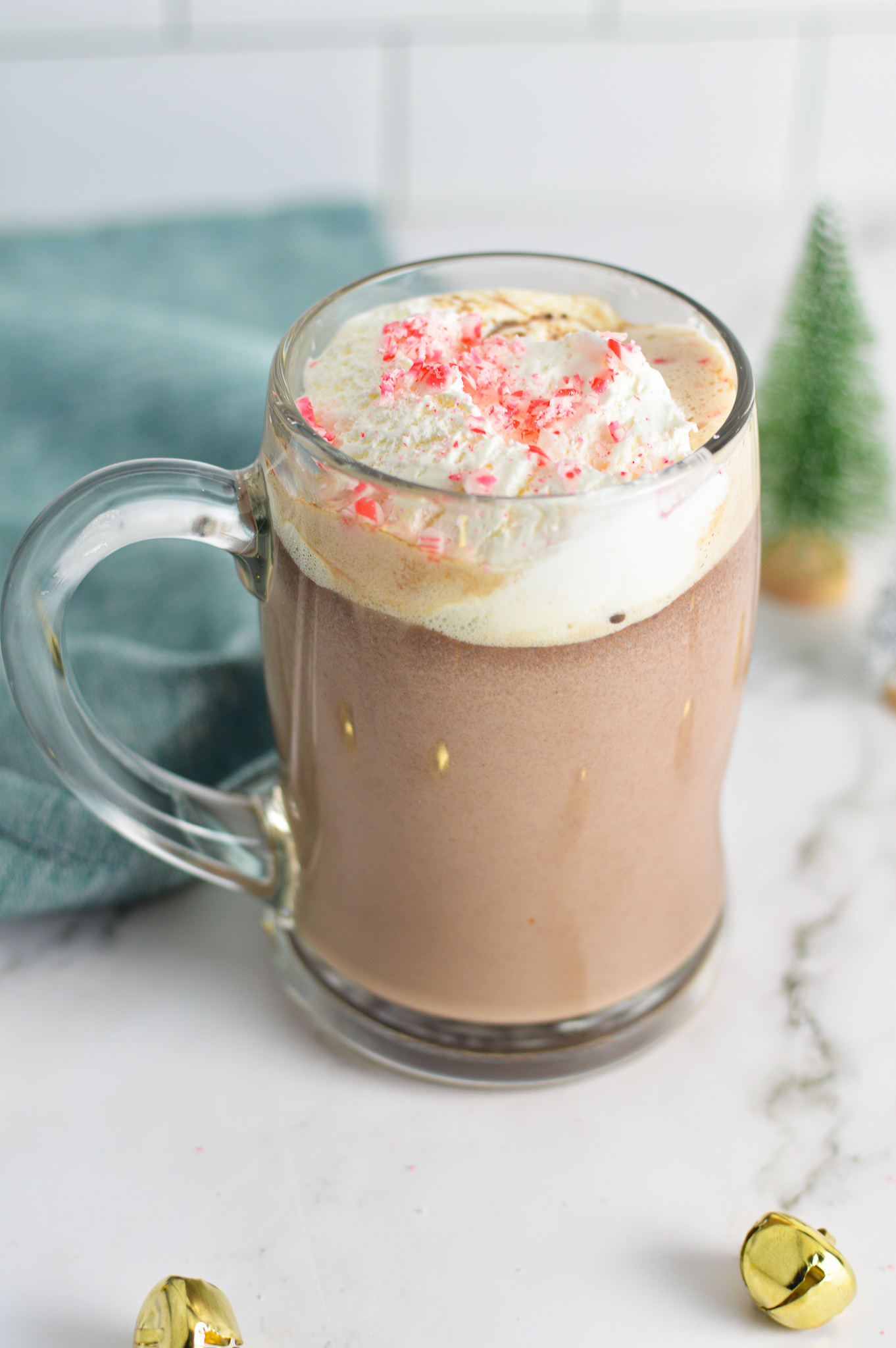 Peppermint Hot Chocolate in a glass stein mug.