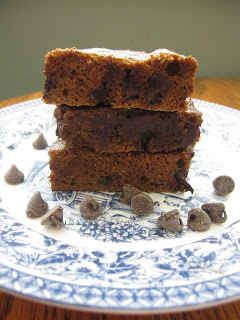 Chewy Chocolate Chip Pumpkin Brownie recipe. These fudgy dessert squares are made healthy with egg whites and whole wheat flour.