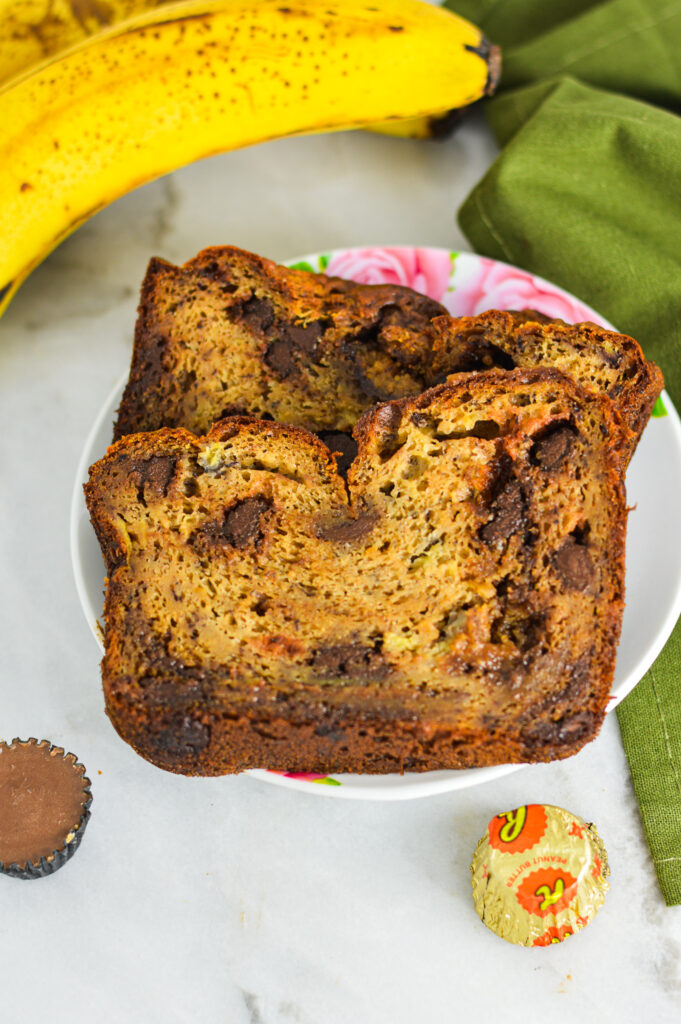 Peanut Butter Cup Banana Bread on a small white plate.