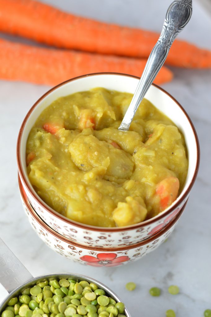 This quick and easy Split Pea and Ham Soup recipe is my favourite way to use up leftover ham. Made hearty with potatoes, carrots and celery.