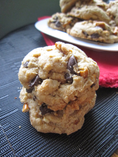 These Pretzel and Chocolate Chip Cookies are a great dessert recipe to use up extra pretzels. Soft and chewy, perfect for sweet and salty combo. 