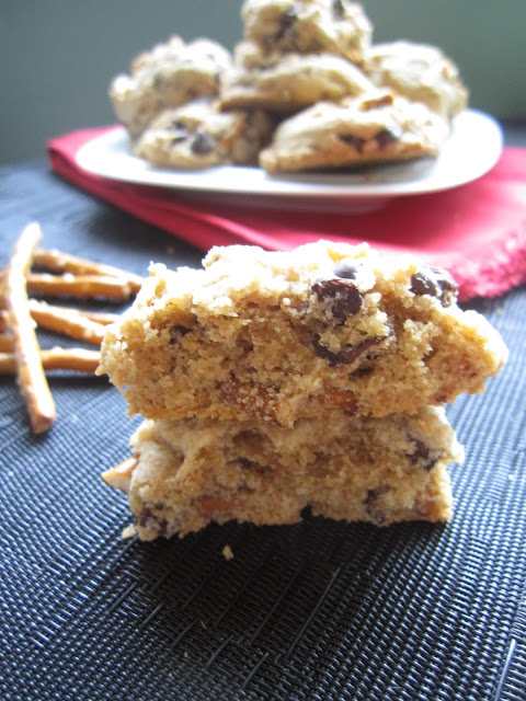 These Pretzel and Chocolate Chip Cookies are a great dessert recipe to use up extra pretzels. Soft and chewy, perfect for sweet and salty combo. 