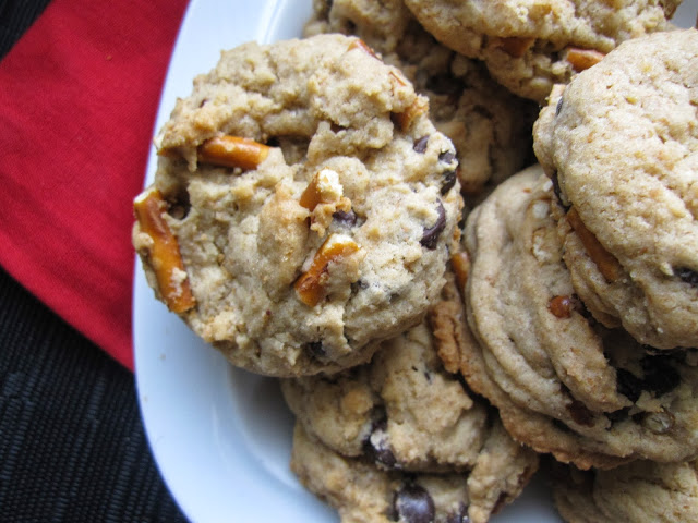 These Pretzel and Chocolate Chip Cookies are a great dessert recipe to use up extra pretzels. Soft and chewy, perfect for sweet and salty combo. 