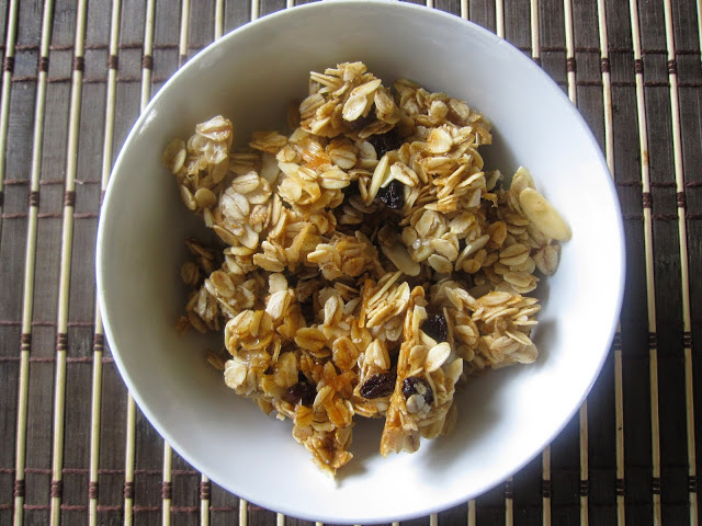 Healthy Sweet and Salty Coconut Vanilla Bean Granola made with coconut oil, raisins and almonds. One of my favourite breakfast recipes.