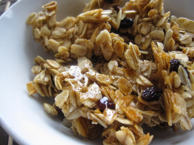 Healthy Sweet and Salty Coconut Vanilla Bean Granola made with coconut oil, raisins and almonds. One of my favourite breakfast recipes.