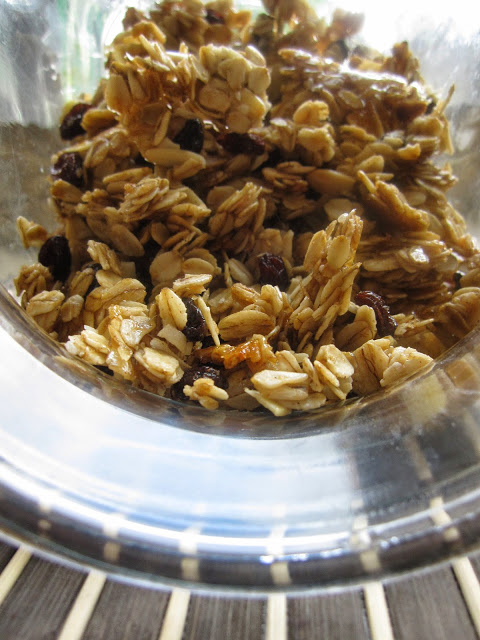 Healthy Sweet and Salty Coconut Vanilla Bean Granola made with coconut oil, raisins and almonds. One of my favourite breakfast recipes.