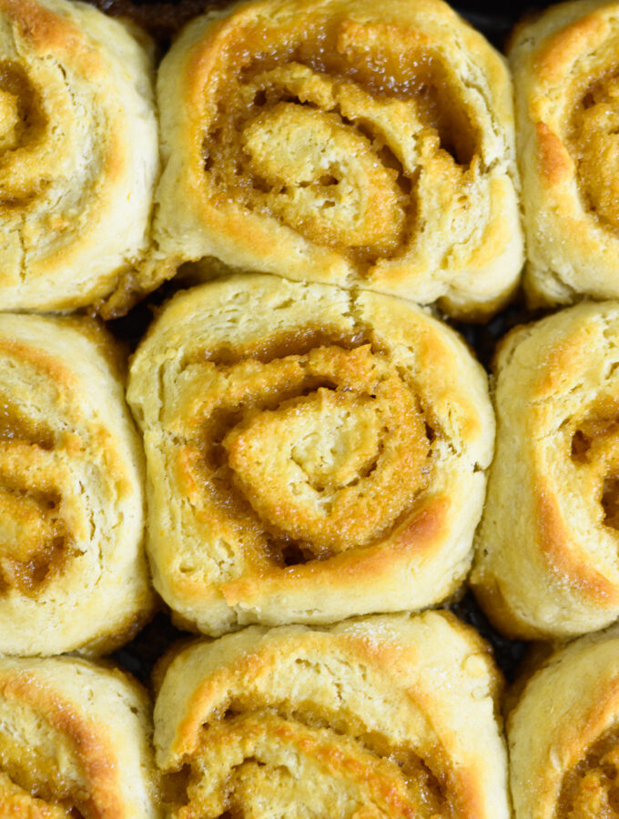 Butterscotch pinwheels in a square baking pan.