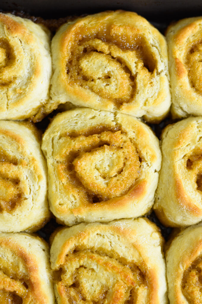 Butterscotch pinwheels in a square baking pan.