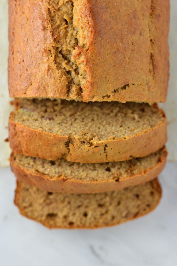 Peanut Butter Banana Bread made with chunky peanut butter, yogurt and egg whites to make this a healthier take on your typical banana bread.