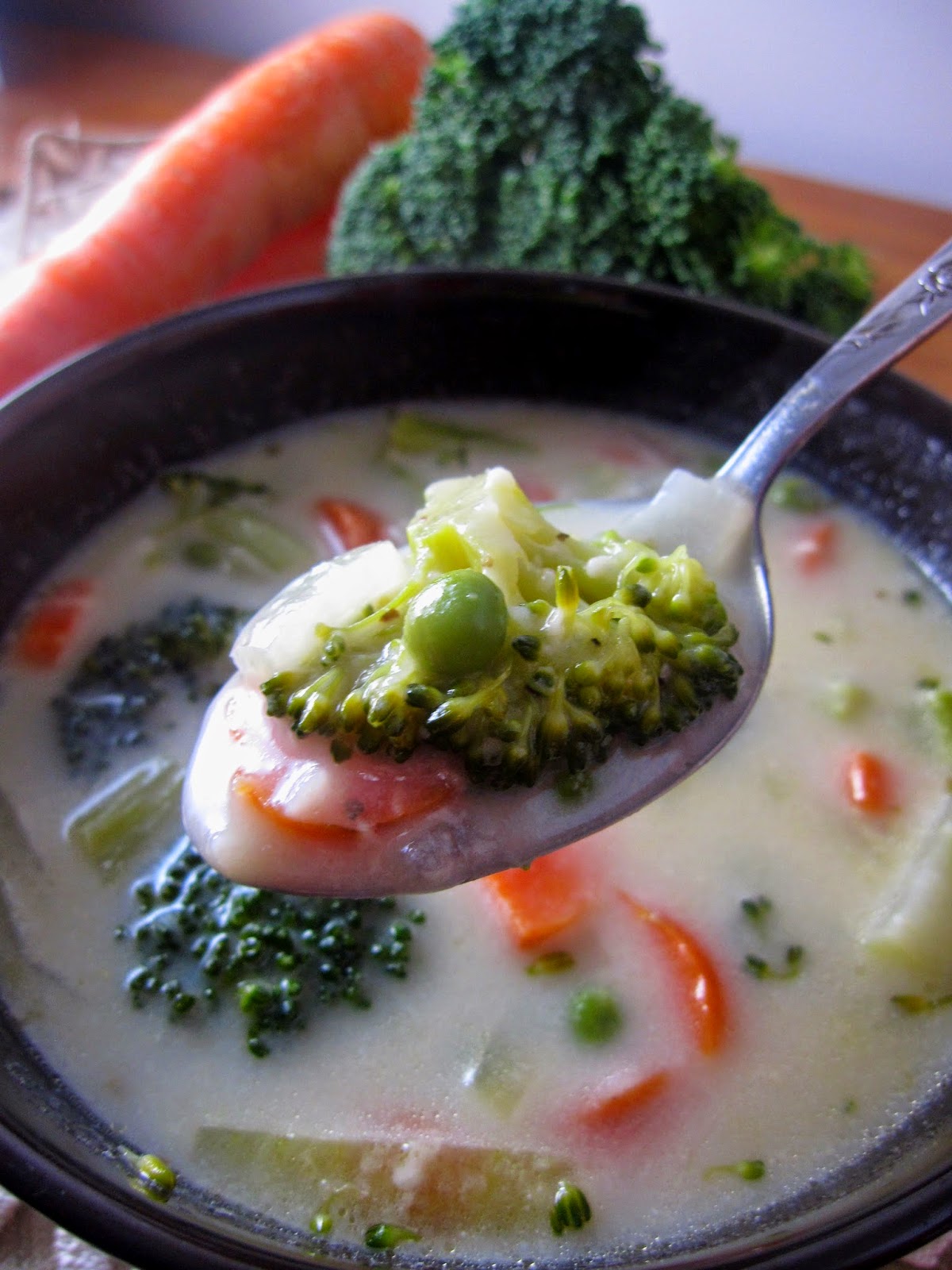 Healthy 30 Minute Creamy Vegetable Soup recipe without cream! Made with broccoli, peas and carrots and things you almost certainly have on hand.