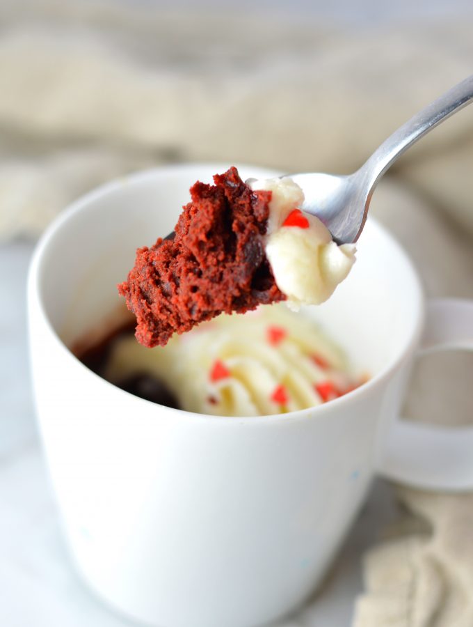 Red Velvet Mug Cake is the perfect personal dessert recipe for Valentine's Day. Make it for yourself or for your sweetie in less than 5 minutes.