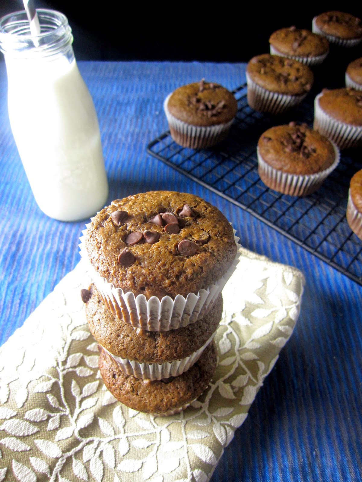 Easy and moist Double Chocolate Chip Muffins make the perfect recipe for dessert of a snack. Made with whole wheat flour and chocolate chips.