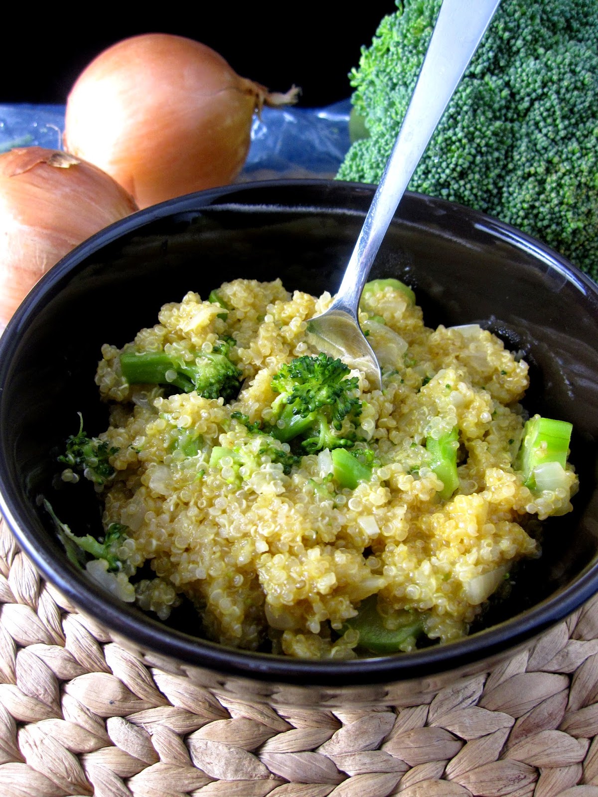 Cheesy Onion and Broccoli Quinoa is a great quick and easy vegetarian dinner idea. You can make this start to finish in under 30 minutes.