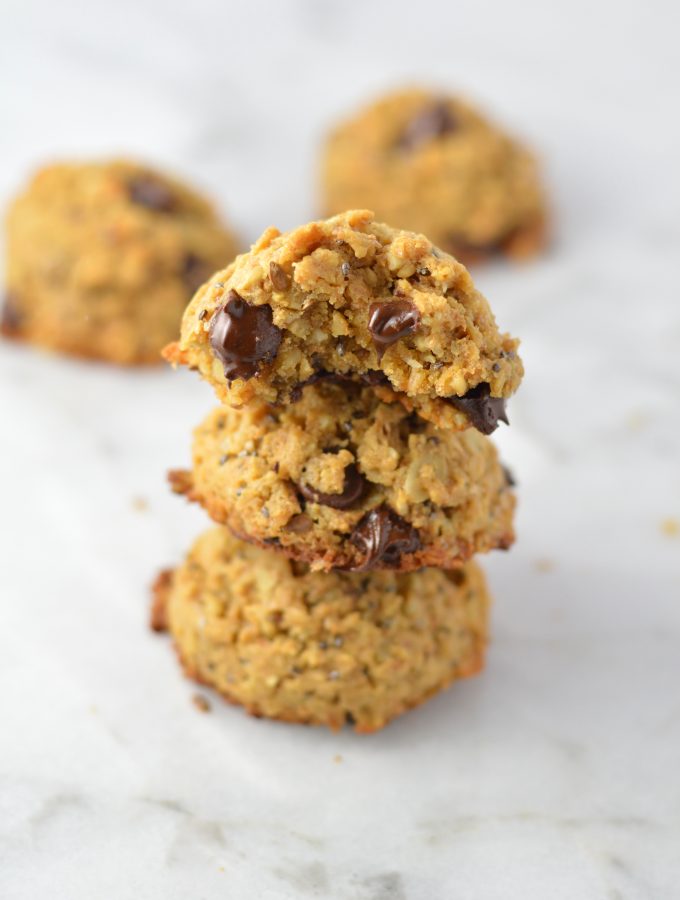 These Chia Seed Peanut Butter Oatmeal Cookies are my go-to grab and go breakfast. Made with oats and made decadent with the addition of chocolate chips.