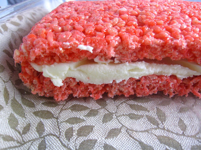 Red and White Rice Krispies Treats with Buttercream Frosting that makes a quick and easy dessert for Canada day