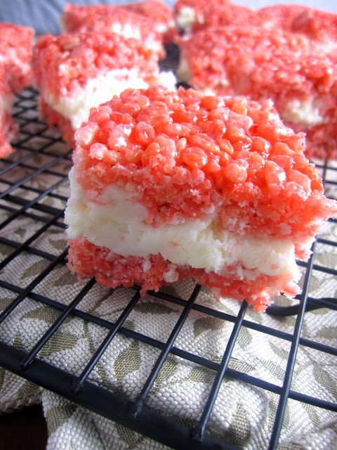 Red and White Rice Krispies Treats with Buttercream Frosting that makes a quick and easy dessert for Canada day