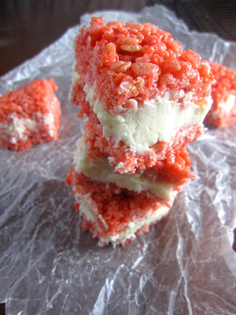 Red and White Rice Krispies Treats with Buttercream Frosting that makes a quick and easy dessert for Canada day