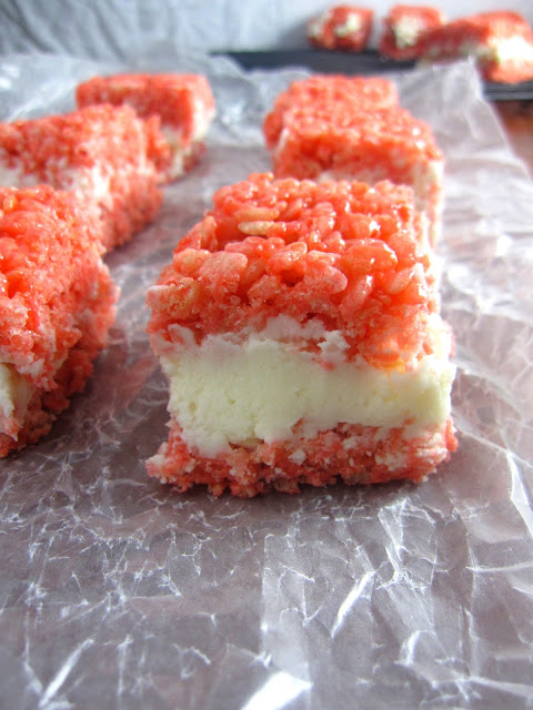 Red and White Rice Krispies Treats with Buttercream Frosting that makes a quick and easy dessert for Canada day