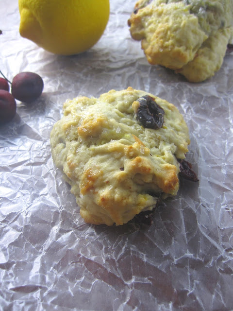 A delicious and easy recipe for fresh cherry and lemon scones bursting with fresh cherries and with a hint of lemon. They also contain no butter or eggs!