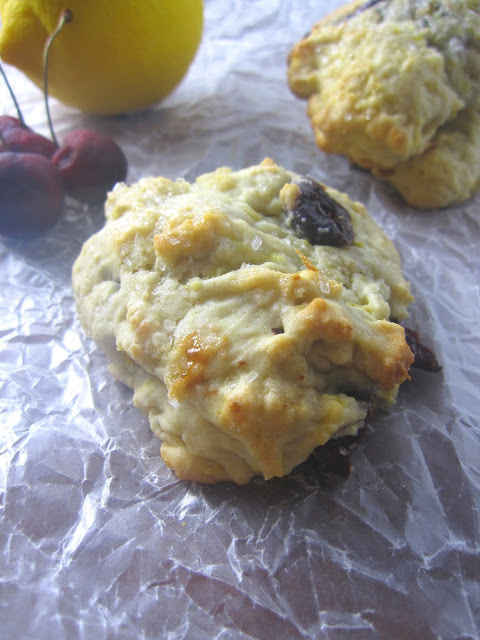 A delicious and easy recipe for fresh cherry and lemon scones bursting with fresh cherries and with a hint of lemon. They also contain no butter or eggs!