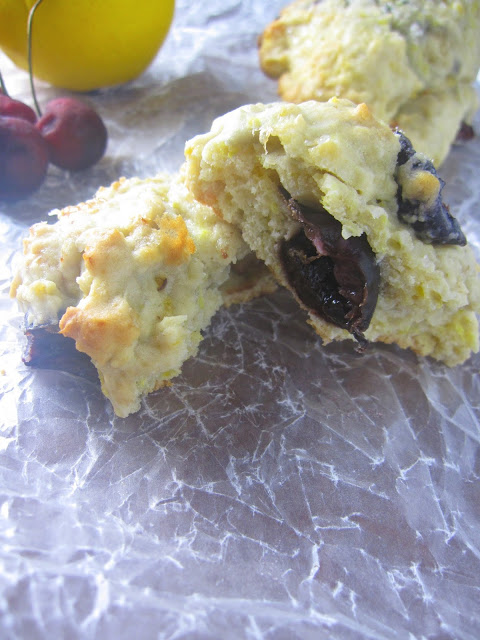 A delicious and easy recipe for fresh cherry and lemon scones bursting with fresh cherries and with a hint of lemon. They also contain no butter or eggs!