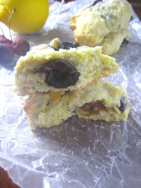 A delicious and easy recipe for fresh cherry and lemon scones bursting with fresh cherries and with a hint of lemon. They also contain no butter or eggs!