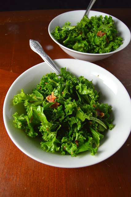 This kale and bacon salad with apple cider vinaigrette is so quick and easy. An extra bonus, you can use your bacon drippings for the vinaigrette!