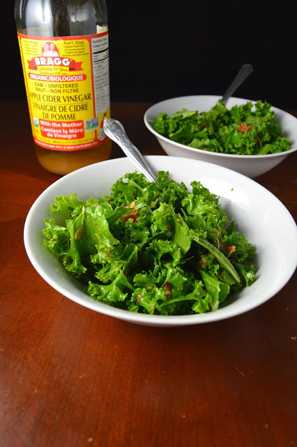 This kale and bacon salad with apple cider vinaigrette is so quick and easy. An extra bonus, you can use your bacon drippings for the vinaigrette!