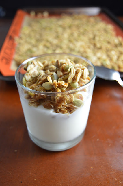 This Pumpkin Spice Granola is the perfect way to get into the fall flavors! The pumpkin seeds and coarse salt make this granola deliciously sweet and salty.