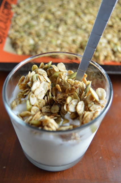 This Pumpkin Spice Granola is the perfect way to get into the fall flavors! The pumpkin seeds and coarse salt make this granola deliciously sweet and salty.