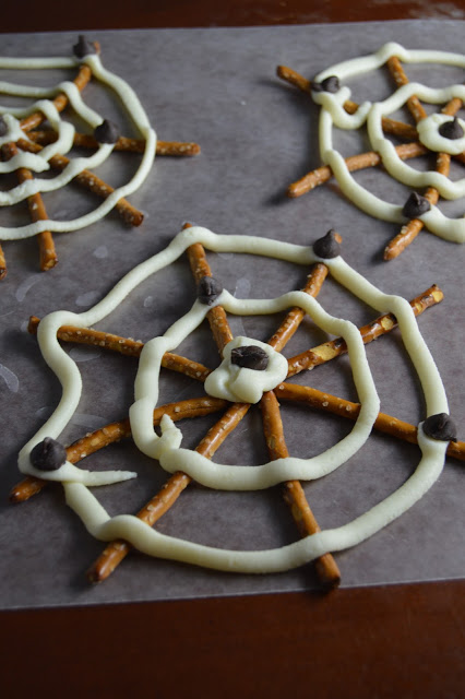 White Chocolate and Pretzel Spider Webs