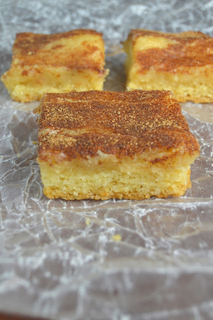 These gooey cinnamon squares are gooey on the inside, with a nice sturdy cookie crust. The cinnamon sugar sprinkled on top just sends these bars over the edge!