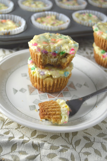 Perfectly proportioned white chocolate cheesecake cookie cups with sprinkles. Rich and sweet dessert idea.