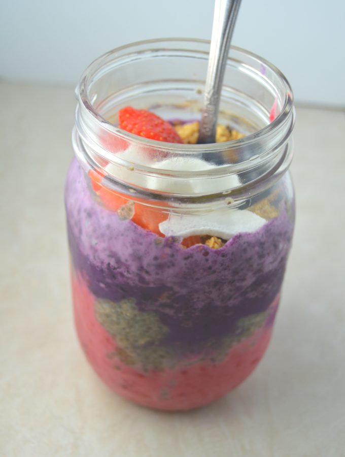 This blueberry, strawberry and chia seed parfait is vegan, gluten free and so easy to make! Super healthy and bursting with fruit, this is a great breakfast.