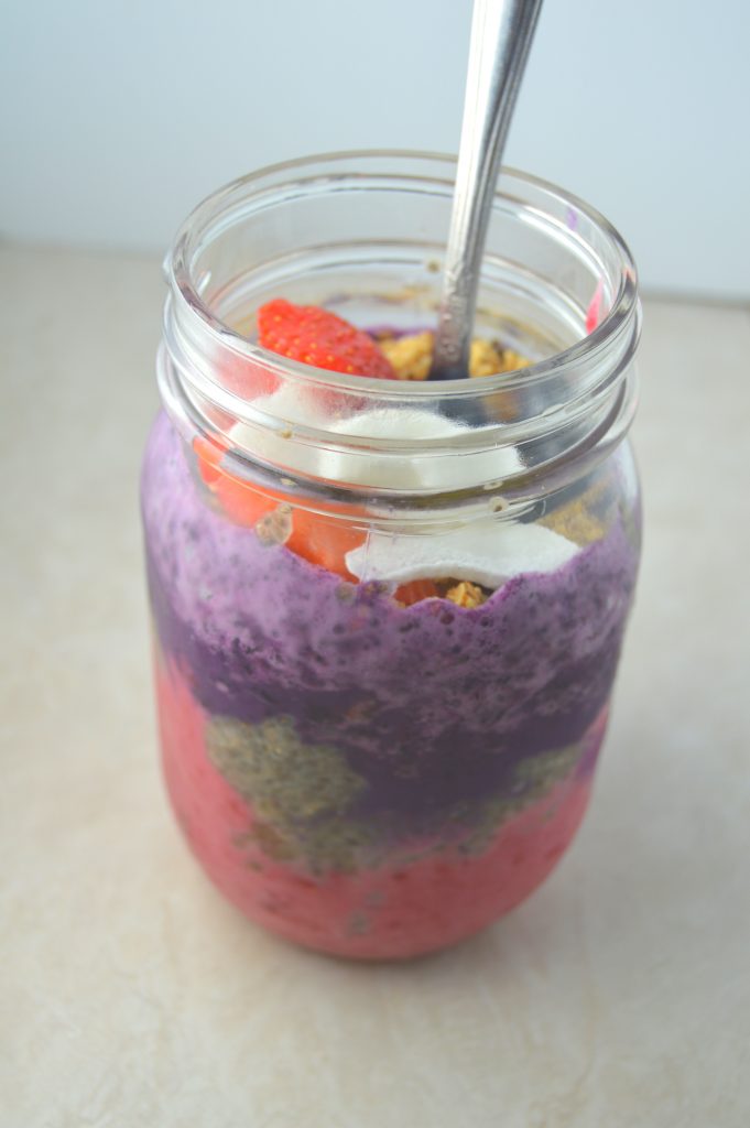 This blueberry, strawberry and chia seed parfait is vegan, gluten free and so easy to make! Super healthy and bursting with fruit, this is a great breakfast.