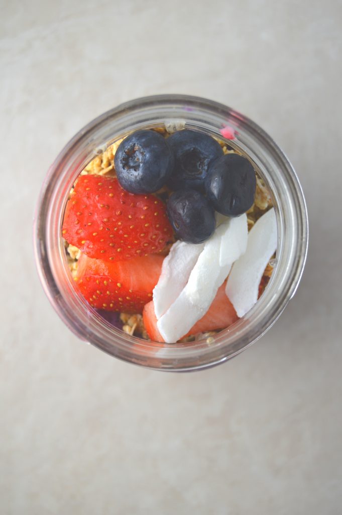 This blueberry, strawberry and chia seed parfait is vegan, gluten free and so easy to make! Super healthy and bursting with fruit, this is a great breakfast.