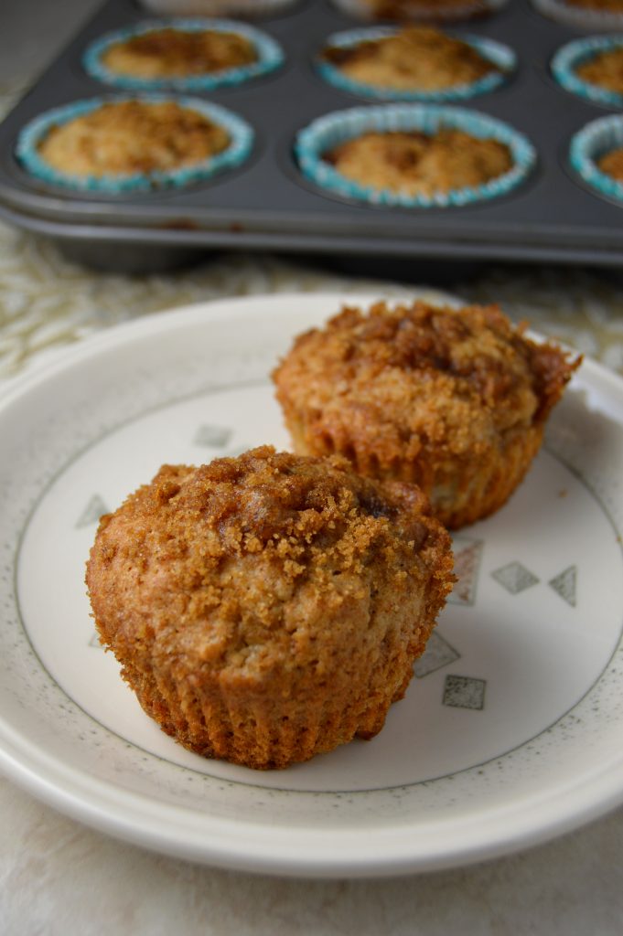 These pear streusel muffins taste like a bite of fall. Made heartier with whole wheat flour.