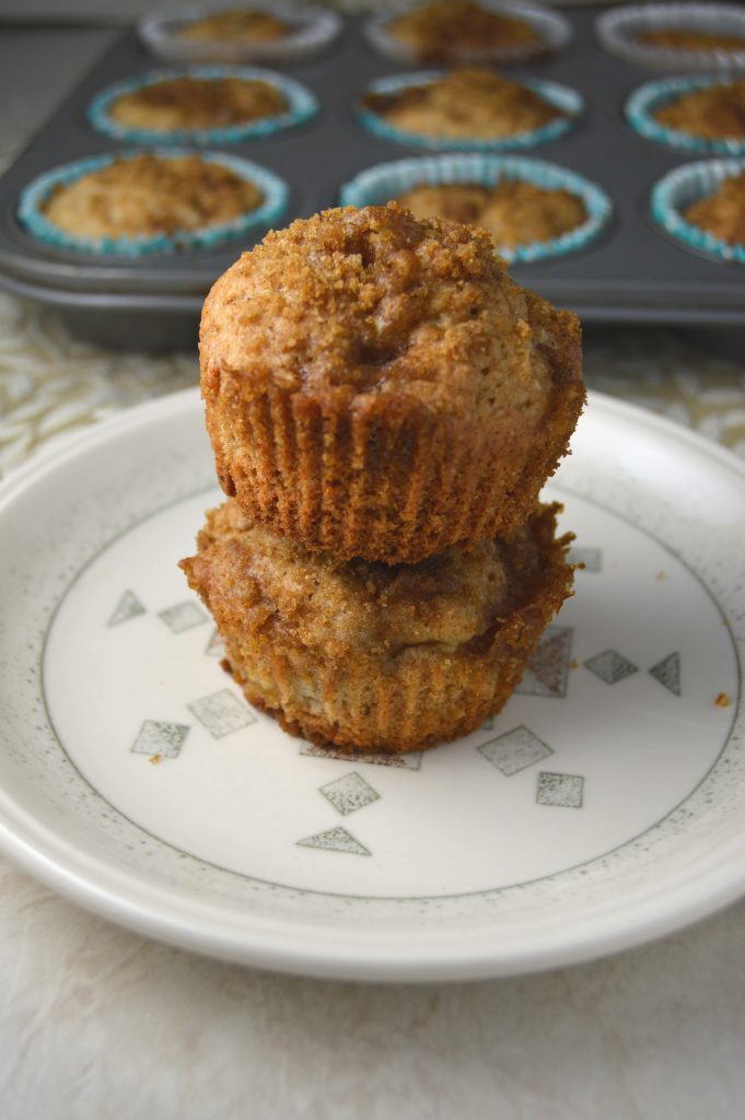 These pear streusel muffins taste like a bite of fall. Made heartier with whole wheat flour.