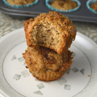 These pear streusel muffins taste like a bite of fall. Made heartier with whole wheat flour.