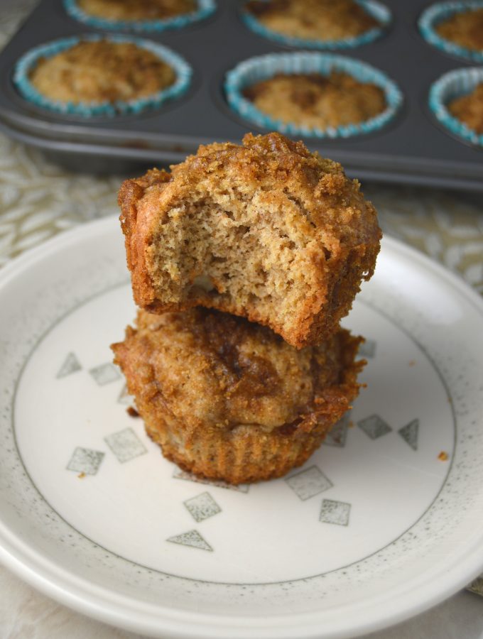 These pear streusel muffins taste like a bite of fall. Made heartier with whole wheat flour.