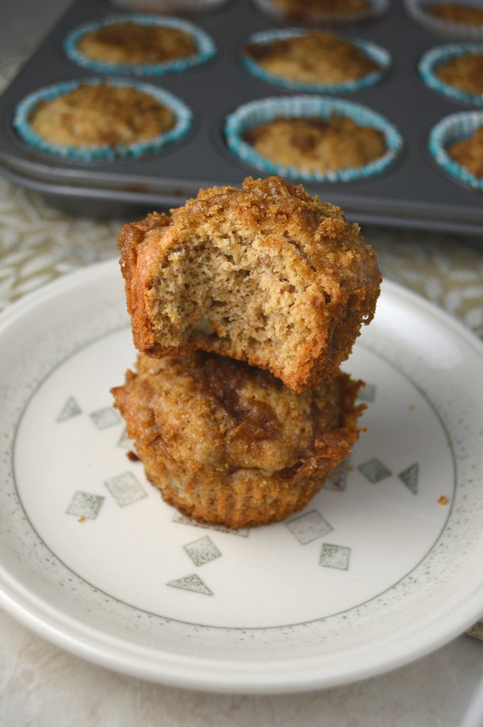 These pear streusel muffins taste like a bite of fall. Made heartier with whole wheat flour.