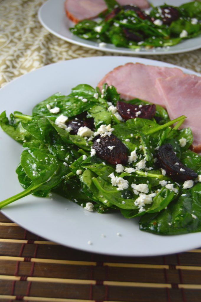 Roasted beet and feta spinach salad is the perfect way to use up extra beets. It is so easy, the hardest part is roasting the beets.