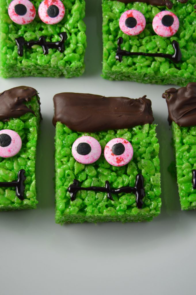 Halloween themed rice krispie squares are so fun to make! They are also peanut free, making them school friendly.