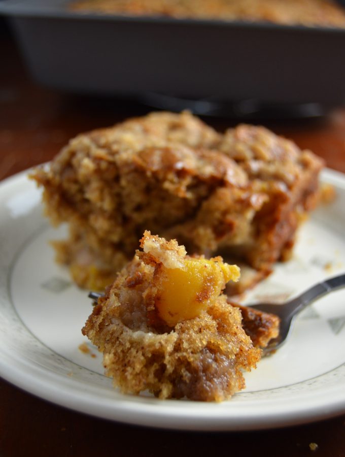 Deliciously moist peach coffee cake recipe. Perfect with a cup of tea or coffee!