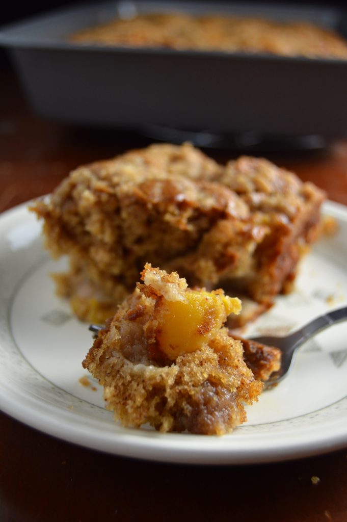 Deliciously moist peach coffee cake recipe. Perfect with a cup of tea or coffee!